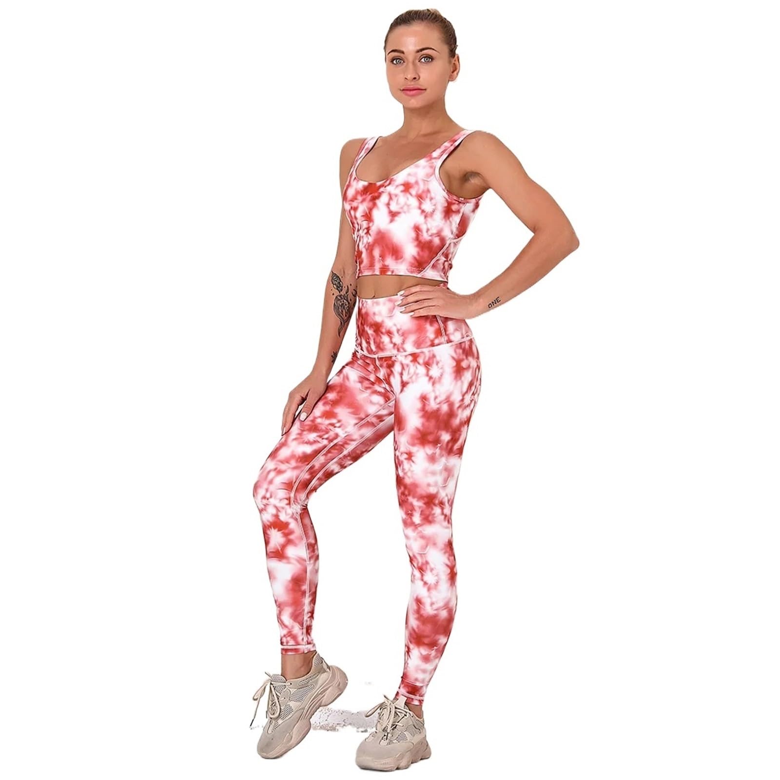 Damski stempel zestaw do jogi legginsy treningowe bezszwowe wysoka talia push up damskie seksowne legginsy na siłownię sportowe (czerwone, L), Czerwony, L