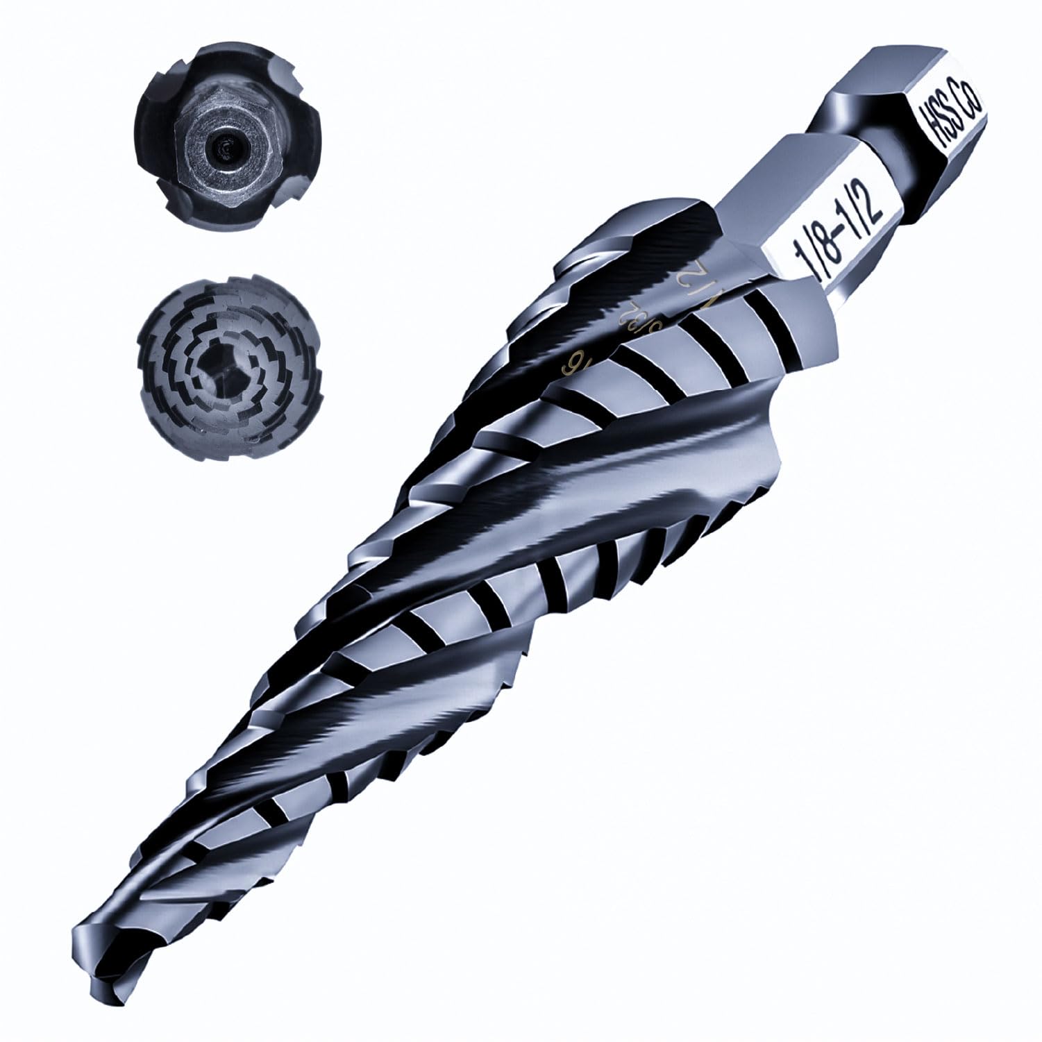 toolant Four Spiral Flute Cobalt Step Drill Bit(Pro), 1/8"-1/2" Impact Ready Unibit Step Drill Bit, 1/4" Hex Shank Unibit for Metal, Stainless Steel,