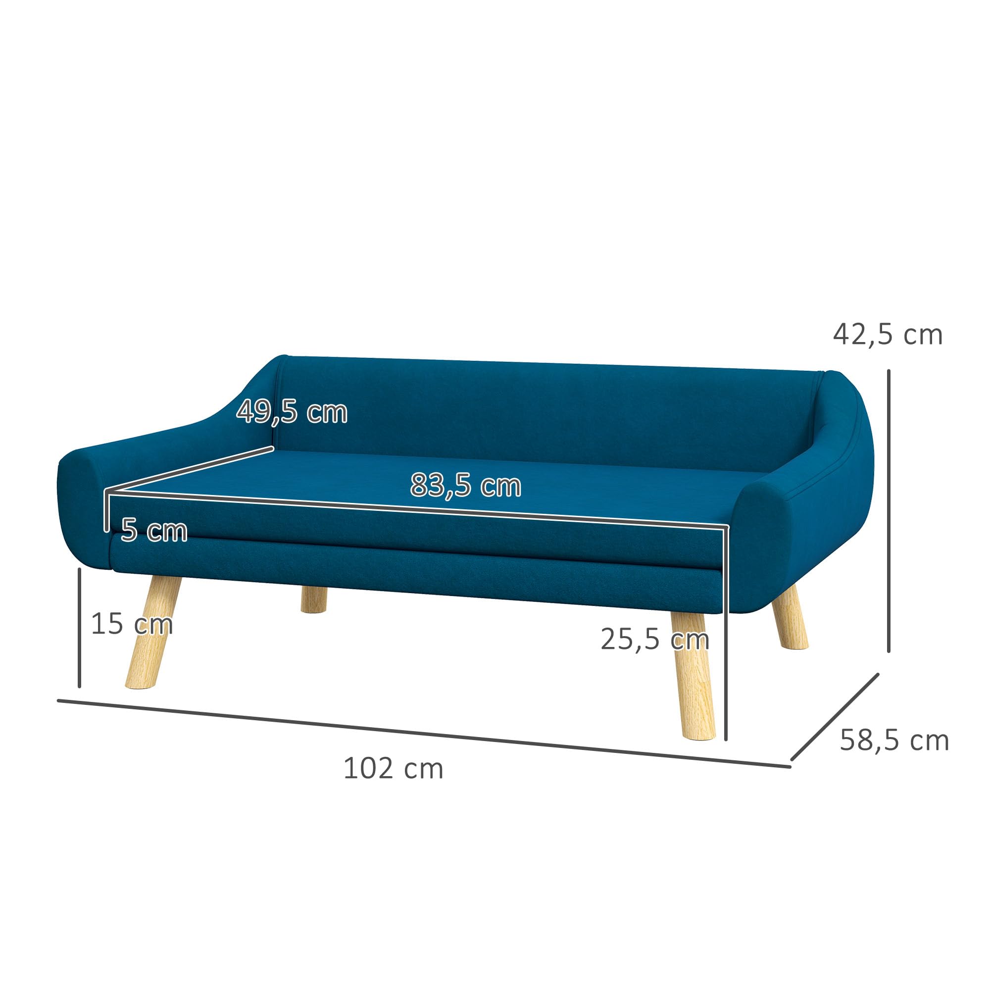 PawHut - Sillon Cama para Perro, Gato, Diseño Escandinavo, Cojín Mullido, Extraíble, Tejido de Terciopelo, Patas de Madera Maciza, 102 x 58,5 x 42,5 cm, Color Azul