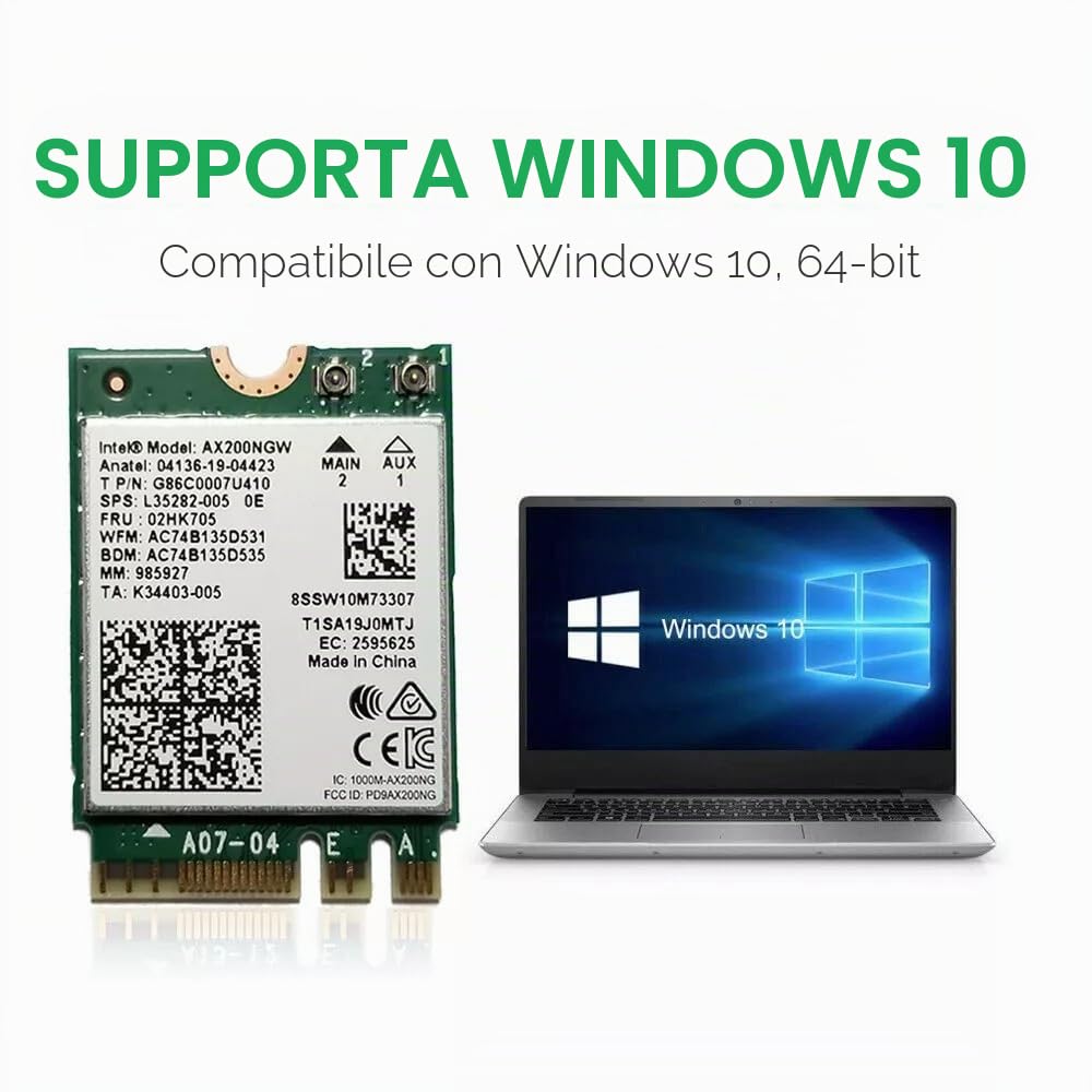 Scheda adattatore Intel WiFi 6 AX200 M.2, Dual Band 802.11ax, fino a 2,4 Gbps, Bluetooth 5.2, compatibile con Windows 10/11