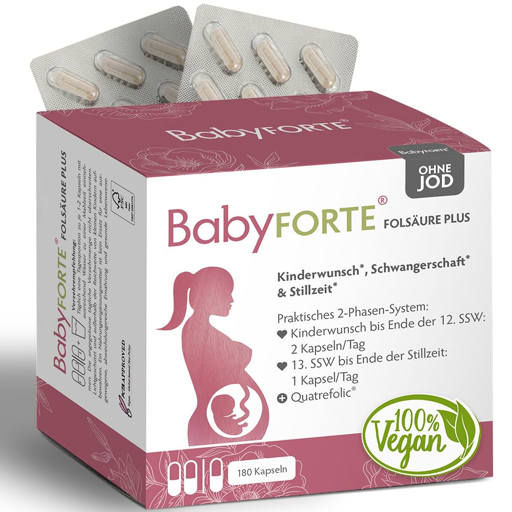 BabyFORTE Folsäure Plus OHNE JOD | Schwangerschaftsvitamine | vegan | 180 Kapseln | jodfreie Kinderwunsch Vitamine | alle B-Vitamine