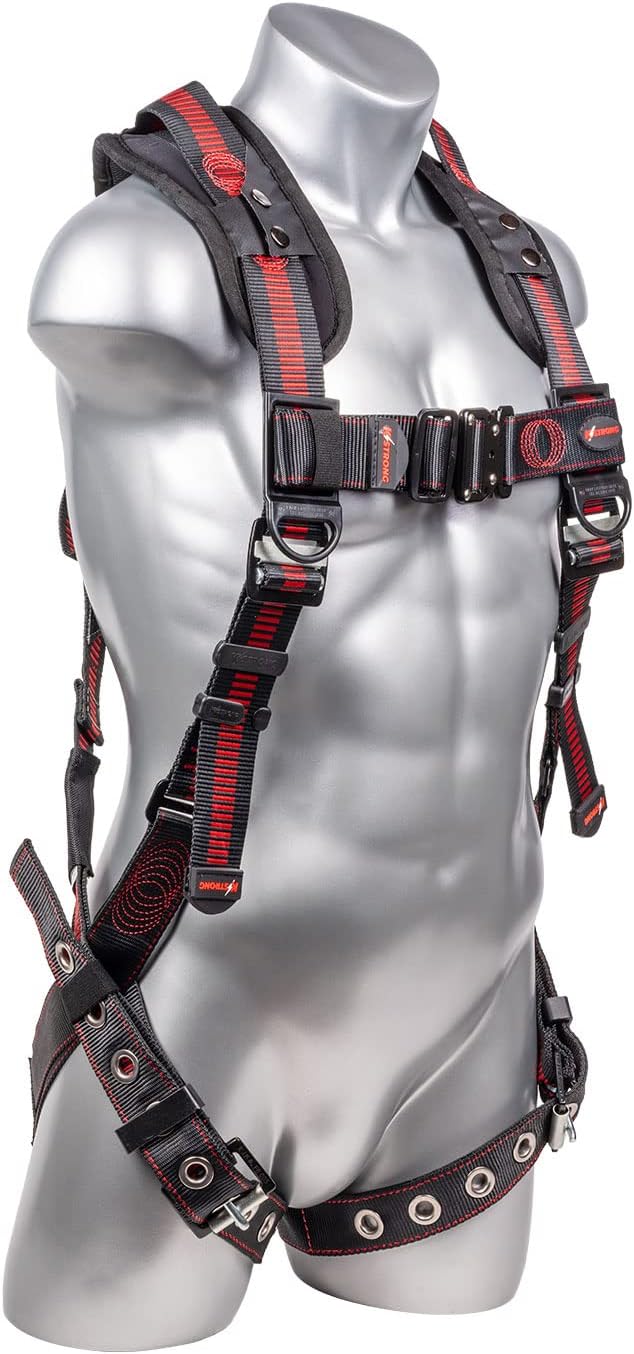 KStrong Harness UFH15203GQ Kapture Elite+ Fall Protection 5-Point Full Body Safety Harness, Enhanced Aluminum Dorsal D-Ring Plus, TB Legs, QC Chest, ANSI Compliant, M-L, Red/Black