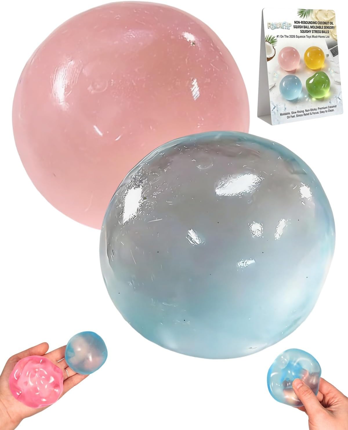 Coconut Oil Squishy Stress Sugar Balls Non-Rebounding Gel Jelly Crunchy Squish Ball Handmade Moldable Sensory Anxiety Reliever Slow Rising Squishies Improving Focus Fidget Squeeze Toy(2MIXD,1.6in)