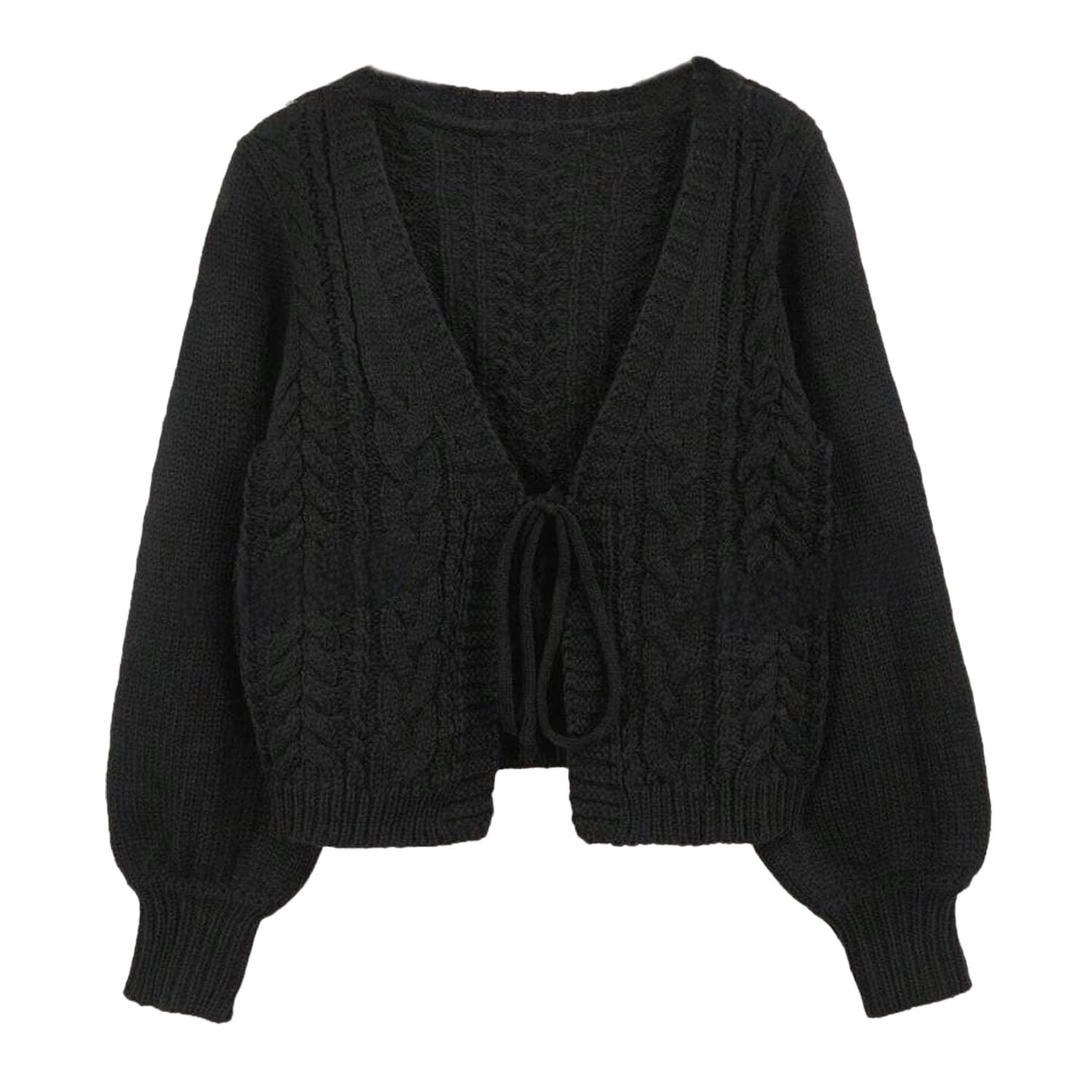 ZAFUL Womens Tie Front Crop Cardigan Sweater V-Neck Lantern Sleeve Open Front Loose Casual Knitwear