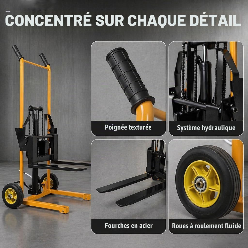 Transpalette Manuel Hydraulique 200 kg Empileur Gerbeur avec Fourches Réglables et Pieds Fixes Hauteur de Levage 90 cm Chariot Élévateur pour Atelier, Entrepôt, Magasin Matériel de Manutention