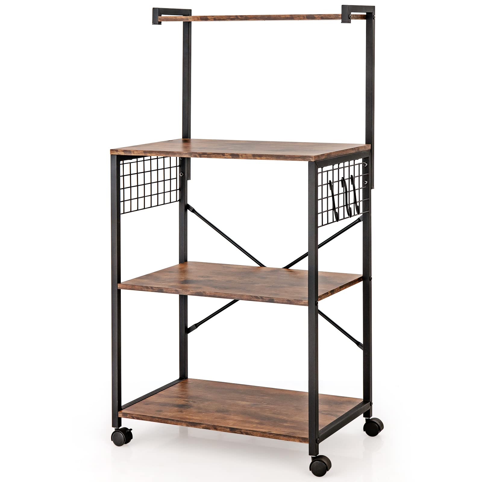 TANGZON Kitchen Baker's Rack, 4-Tier Metal Frame Microwave Oven Shelf with S-Hooks & Wheels, Rolling Utility Storage Cart for Dining Room Living Room, 60x42x123cm