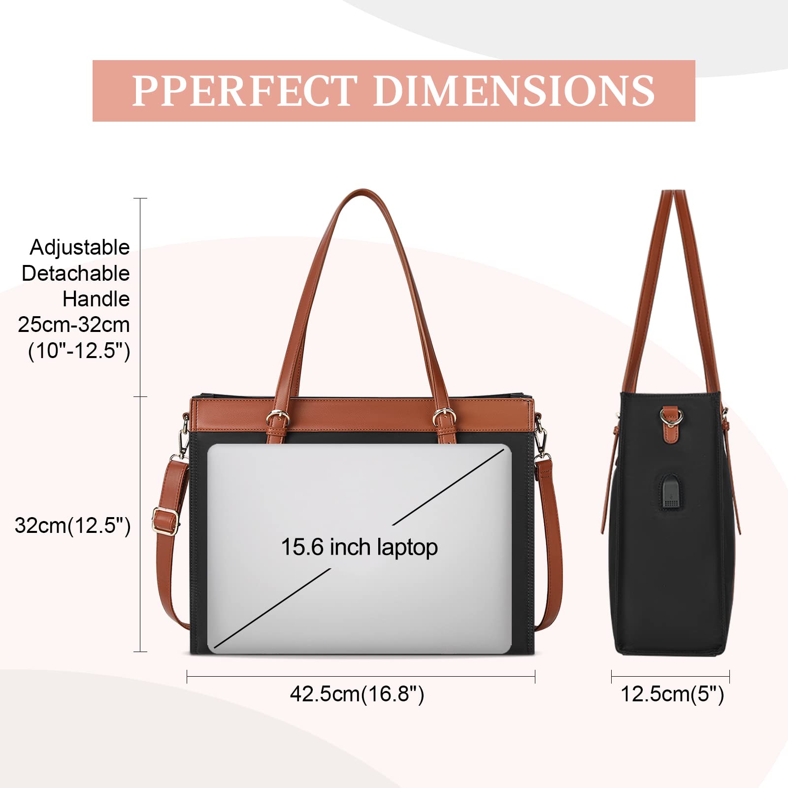 KTMOUW Shopper damska duża torba na laptopa o przekątnej ekranu 15,6", wodoszczelna, biznesowa, do szkoły, na laptopa, torba na ramię z przyłączem USB, czarny, Retro