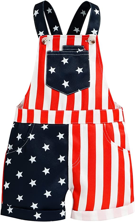 REWANGOING Newborn Baby Girls Boys 4th of July Suspender Jumpsuit Outfits American Flag Stripes Print Bib Overalls Pants