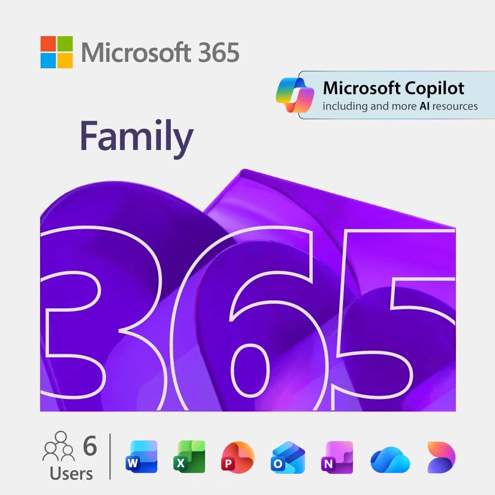 Microsoft 365 Family – 6 Devices- up to 6 TB of cloud storage (1 TB per person)- Advanced security - Innovative apps with AI - 12-Month Subscription - Windows/Mac (Email delivery in 2 hours-No CD)
