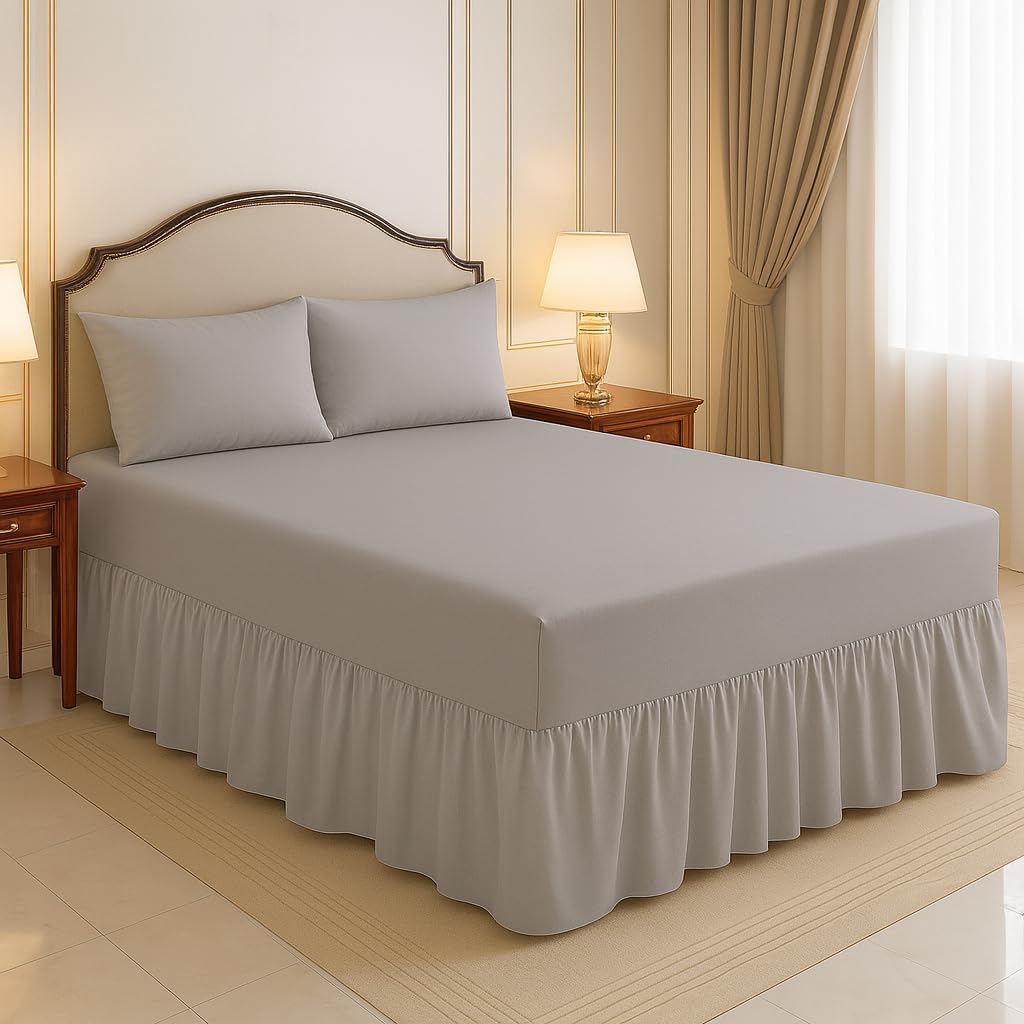 ARLINENS Frilled Valance Sheets for Single Bed Extra Deep Plain Dyed Polycotton Sheet (Grey,90 x 190 + 39 cm)