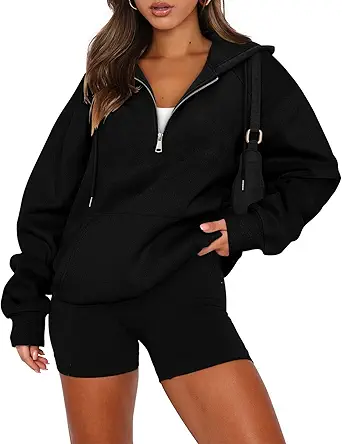 onlypuff Women Half Zipper Pullover Sweatshirt Long Sleeve Hoodies Kangaroo Pocket Fleece Basic Sweater