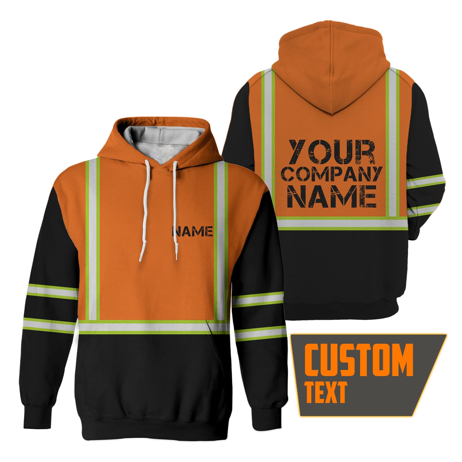 Matedecor Orange Custom Name High Visibility Reflective Hoodie For Workers Runners Cyclists - 8 Sizes from S to 5XL (5XL)