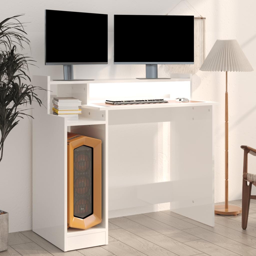 Bureau en Bois d'ingénierie Blanc Brillant avec éclairage LED intégré 97x45x90cm pour Ordinateur, étude, Gaming, Meuble de Travail, Design Pratique et Ambiance Moderne
