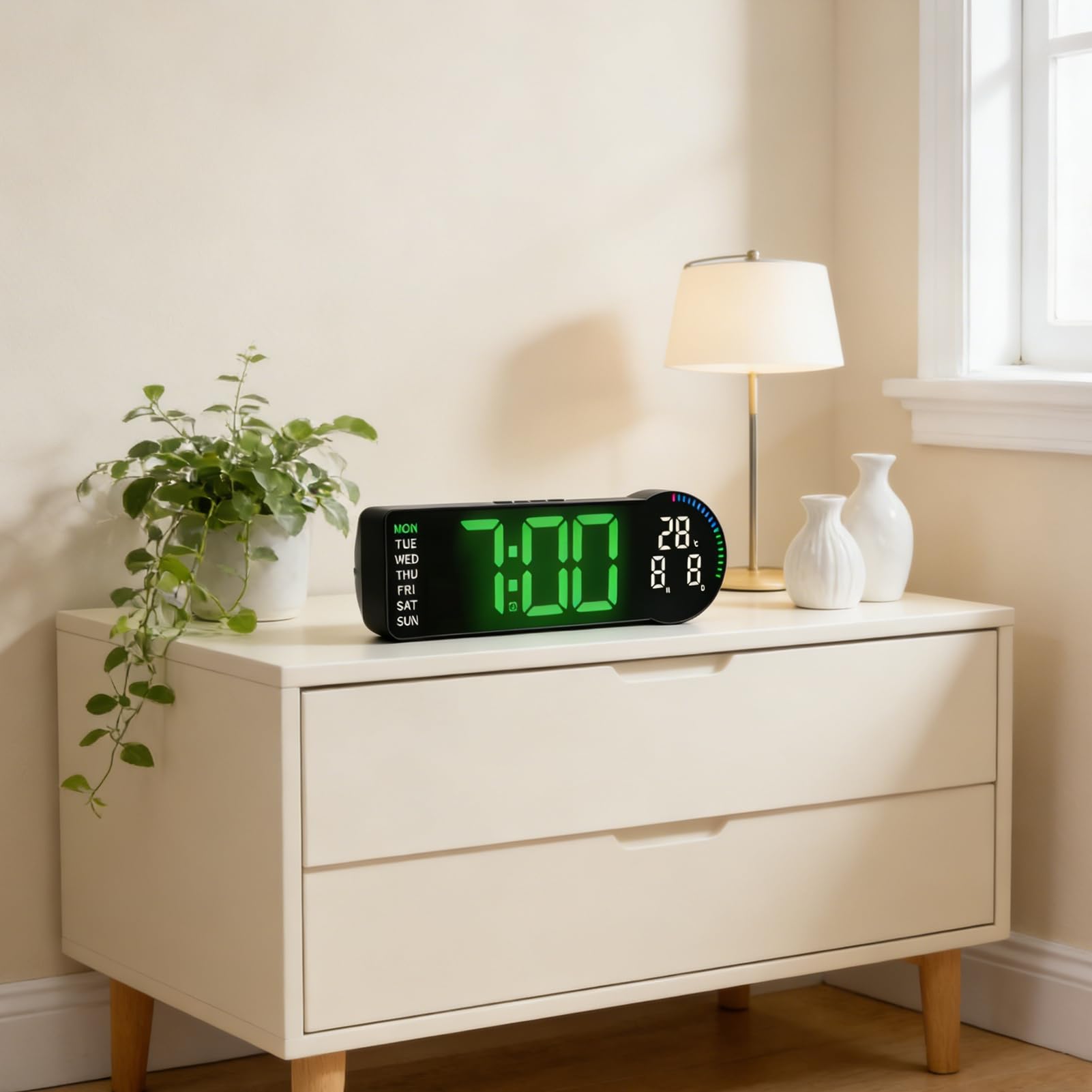Fockety Digitale Wanduhr, LED-Digitaluhr mit Großem Display, Automatische Dimmung, Wanduhr mit Datum, Woche, Temperatur, Countdown, Fernbedienung, Schlummerfunktion, 12/24 Stunden,