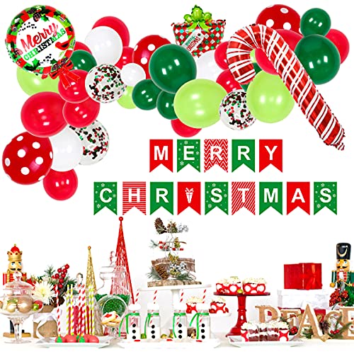 53pcs Noël Ballon Guirlande Arche Kit,Père Noël et Bonhomme de Neige Feuille vert Rouge Blanc Confettis Ballons Avec Bande de Décoration Ballon,pour la Décoration de Fête de Noël Cover