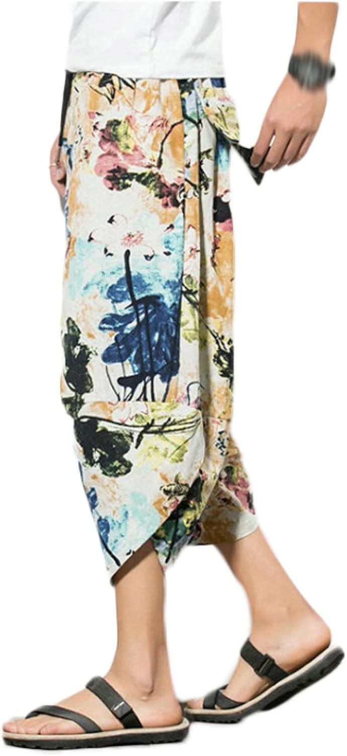 Masihn サルエルパンツ メンズ 麻 クロップドパンツ リネン パンツ 7分丈 ワイドパンツ ズボン 大きいサイズ ボトムス オーバーサイズ リラックス ナチュラル ビッグ オシャレ コーデ 涼しい 夏 秋 海 旅行 ビーチ リゾート 総柄 父の日 超定番