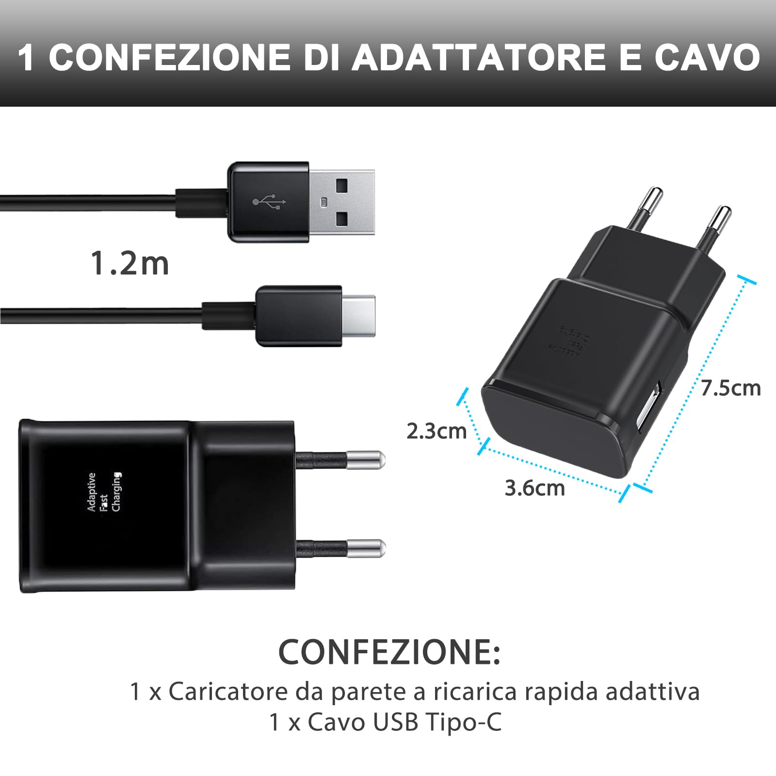 Caricatore USB C 15W Caricabatterie a Ricarica Veloce con 1.2M Cavo Tipo C Rapido Caricatore Alimentatore Spina Adattatore per Galaxy S23 S22 S21 S20 S10 S9 A53 A52 A51 A50 A34 A32 A13 M53 Note 10/9/8