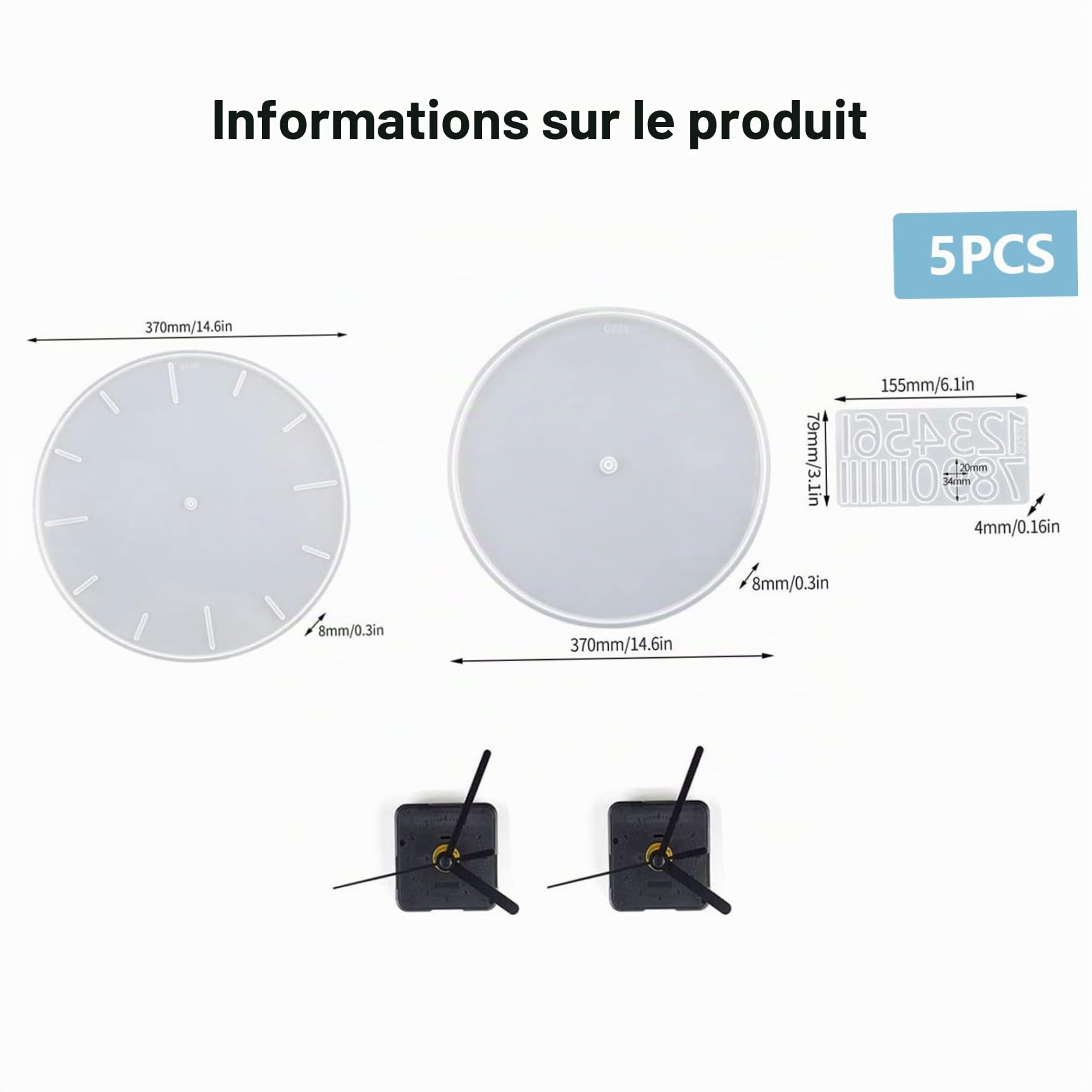 Jorzer Kit D'horloge en Résine 5 Pièces Grands Chiffres Arabes en Silicone Moules D'horloge Bricolage pour Horloge en Résine époxy Moule en Résine avec Mouvement pour Décoration Murale