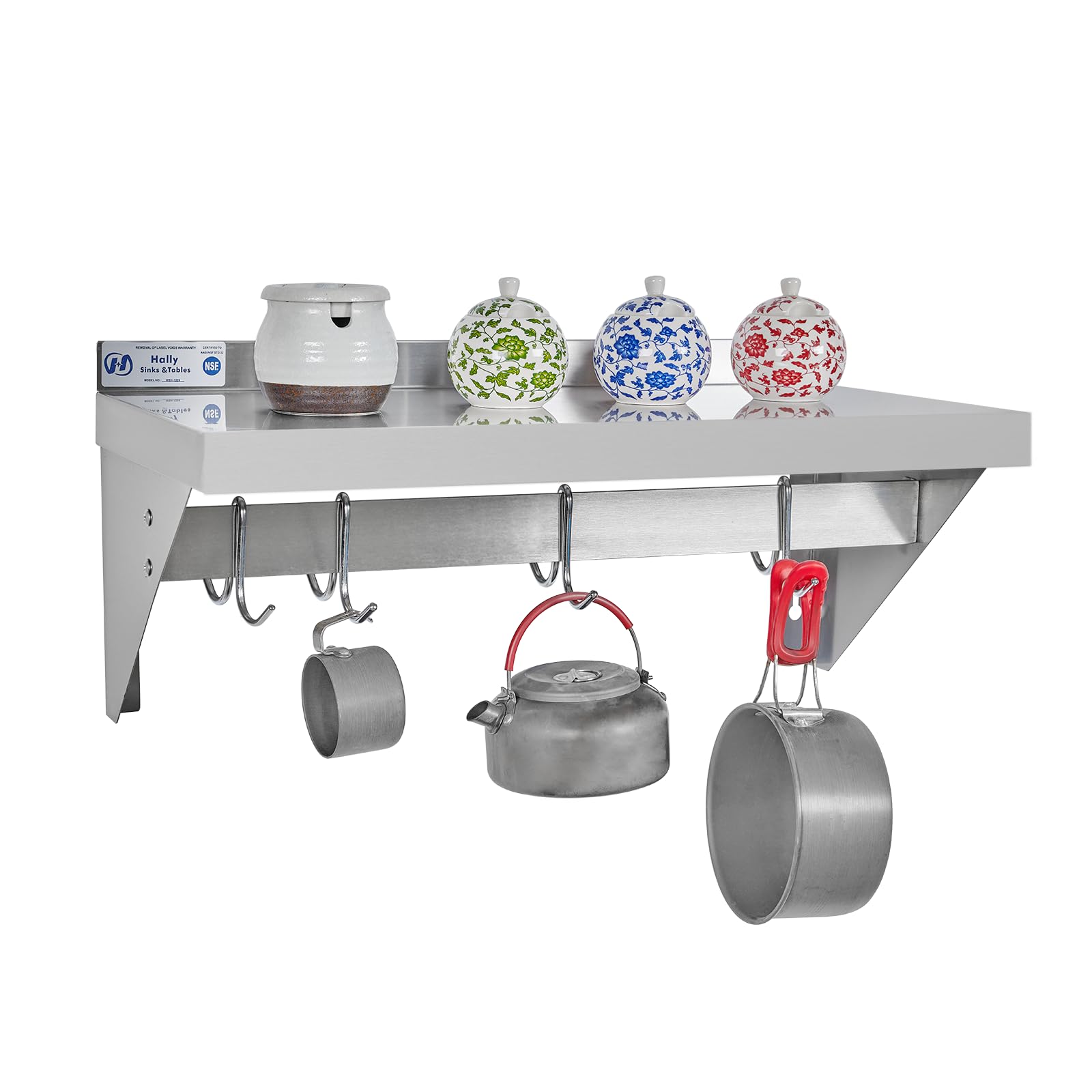 HALLY Mensola in acciaio inox con 4 ganci, 30,5 x 61 cm, scaffale galleggiante commerciale NSF per riporre pentole, padelle, pentole in ristorante, cucina, casa e hotel