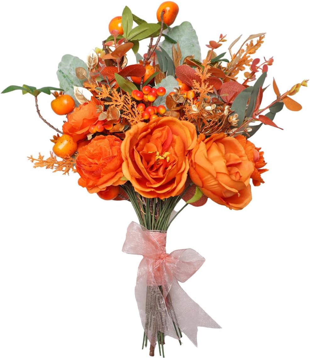 Whonline45pcs Orange Artificial Greenery Stems, Fake Greenery Spray Box Set with 10 Kinds of Artificial Flowers Bulk for Wedding Bouquet Table Centerpieces and Floral Arrangement