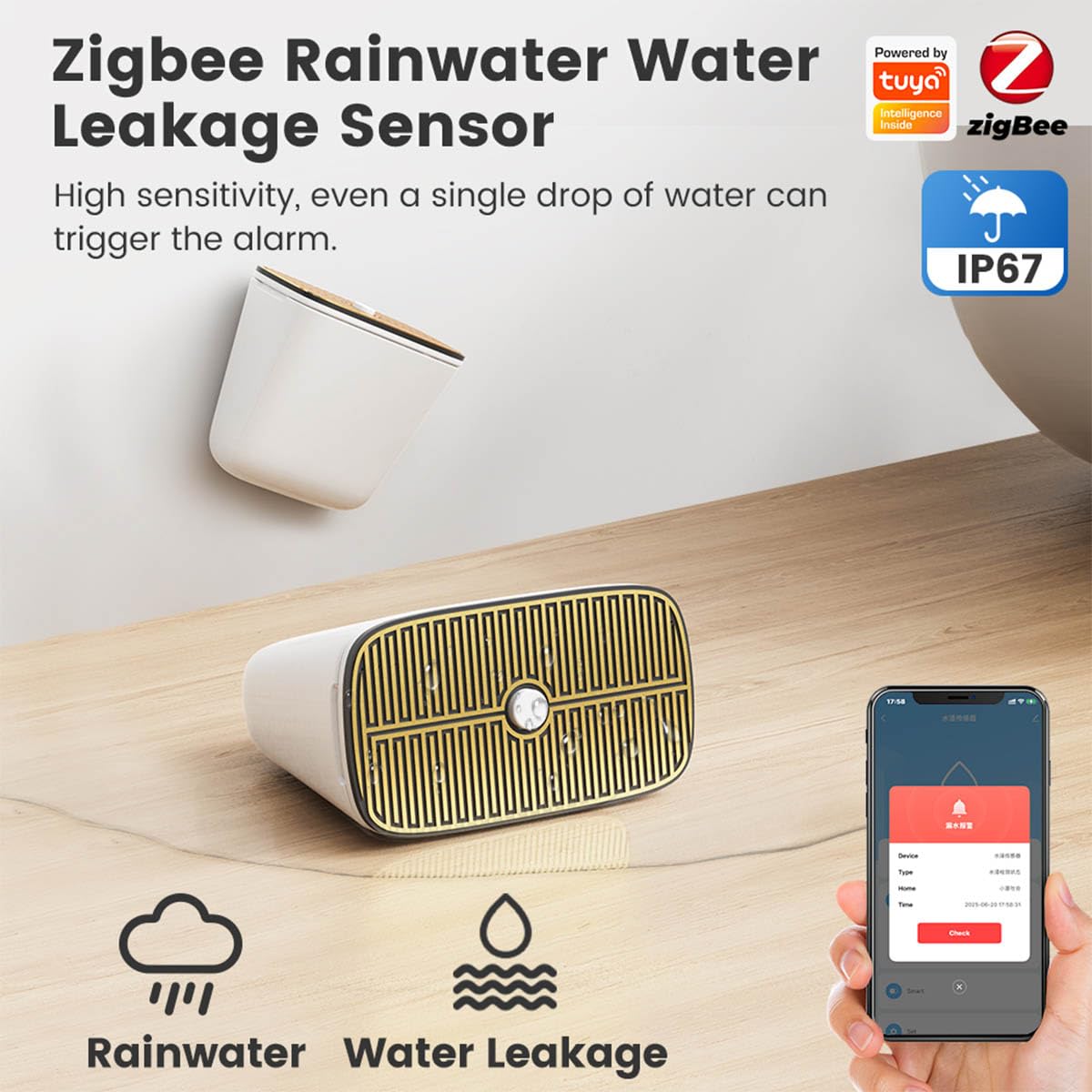 Inteligentny czujnik wycieku wody Tuya Zigbee alarm wycieku wody deszczowej, wodoszczelność IP67, lepsza czułość, precyzyjne wykrywanie, powiadomienia w czasie rzeczywistym