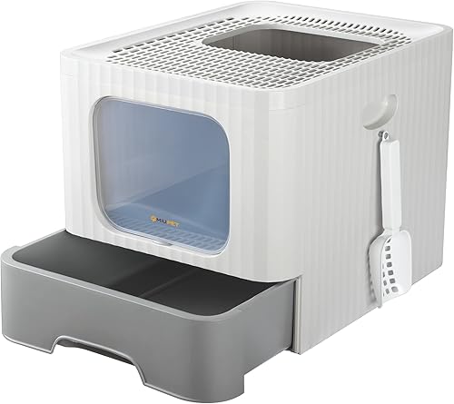 Caja de arena grande para gatos con tapa, plegable, totalmente cerrada, antisalpicaduras con cuchara, cajón tipo inodoro para gatos, fácil de
