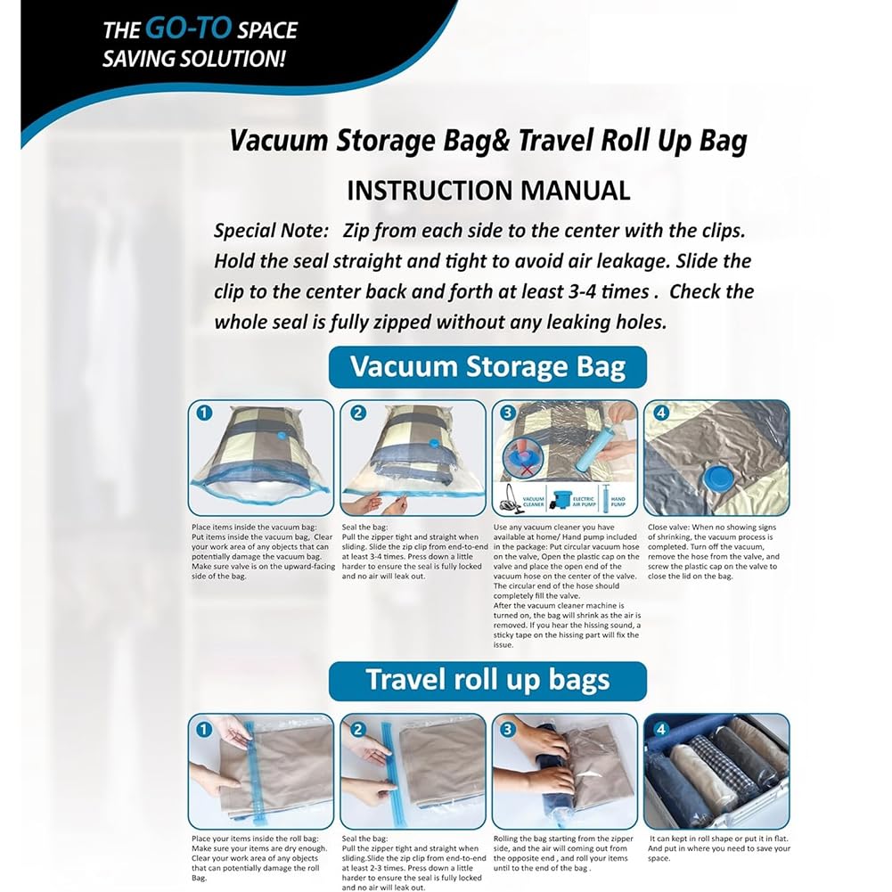 Paquete de 20 Bolsas de Almacenamiento Al Vacío para Ahorrar Espacio (4 Jumbo, 4 Grandes, 4 Medianas, 4 Pequeñas y 4 Rollos) con Bomba Manual.