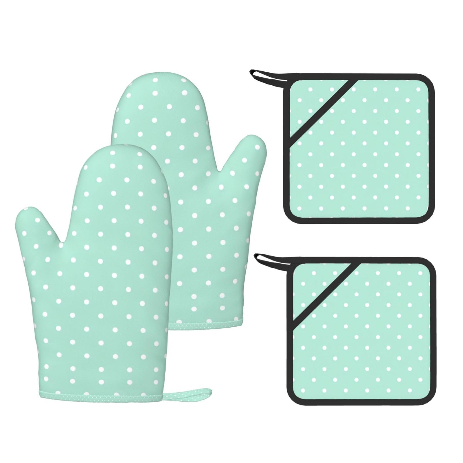 Green Polka Dots Printed Cooking Mitts and Pot Holders 4 Pcs, Heat Resistant Oven Gloves with Hanging Loop Chef