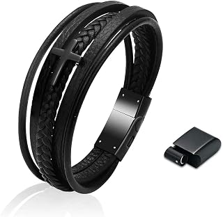 ADENLA Pulsera de urna Multicapa para Cenizas humanas o de Mascotas con Cruz, Recuerdo de cremación, joyería Conmemorativa, Regalo para Hombre, Brazalete funerario, Color Negro, 18 cm