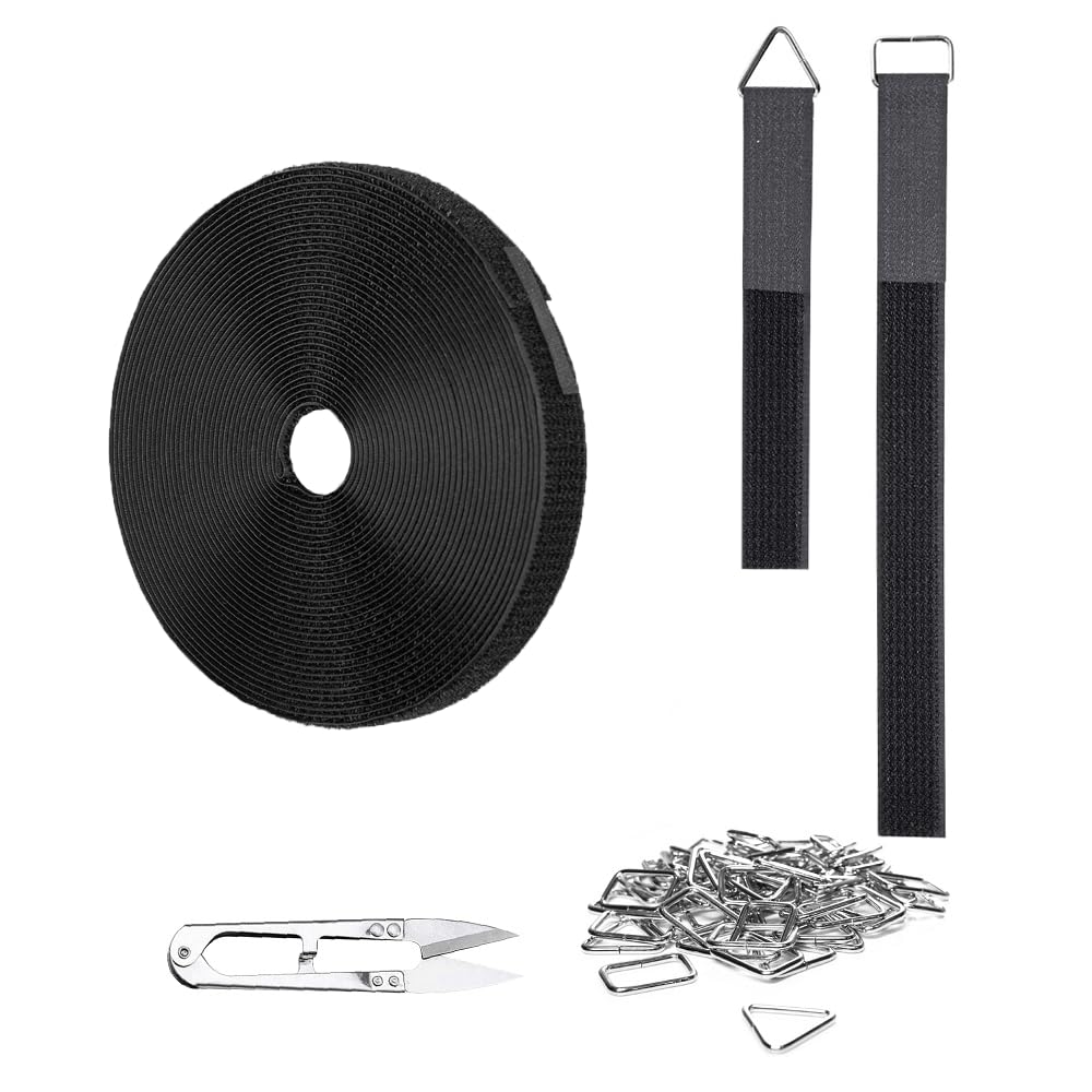 16.4ft x 1in Hook and Loop Straps with 30 Metal Buckles—25 Rectangular & 5 Triangular, Includes Thread Snips, Cut-to-Length Cinch Strap, Heavy Duty Cable Ties, Extra Long Securing Cord, Nylon, Black