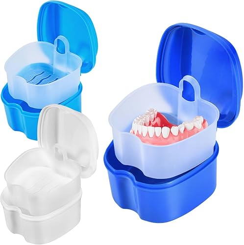 Miniatura 67 de Paquete de 2 cajas de baño para dentaduras postizas, contenedor de almacenamiento con cesta coladora para limpieza de viajes (azul claro y azul)