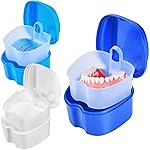 KISEER 3 Pack Colors Denture Bath Case Cup Box Holder Storage Soak Container with Strainer Basket for Travel Cleaning (White, Blue, Light Blue)