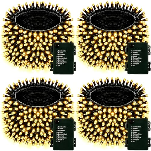 Upgraded 4Pack 160FT 400 LED Battery Operated Christmas String Lights Outdoor/Indoor Timer & 8 Modes with Green Wire Christmas Tree Lights Waterproof Fairy Lights for Xmas Tree Garden(Warm White)