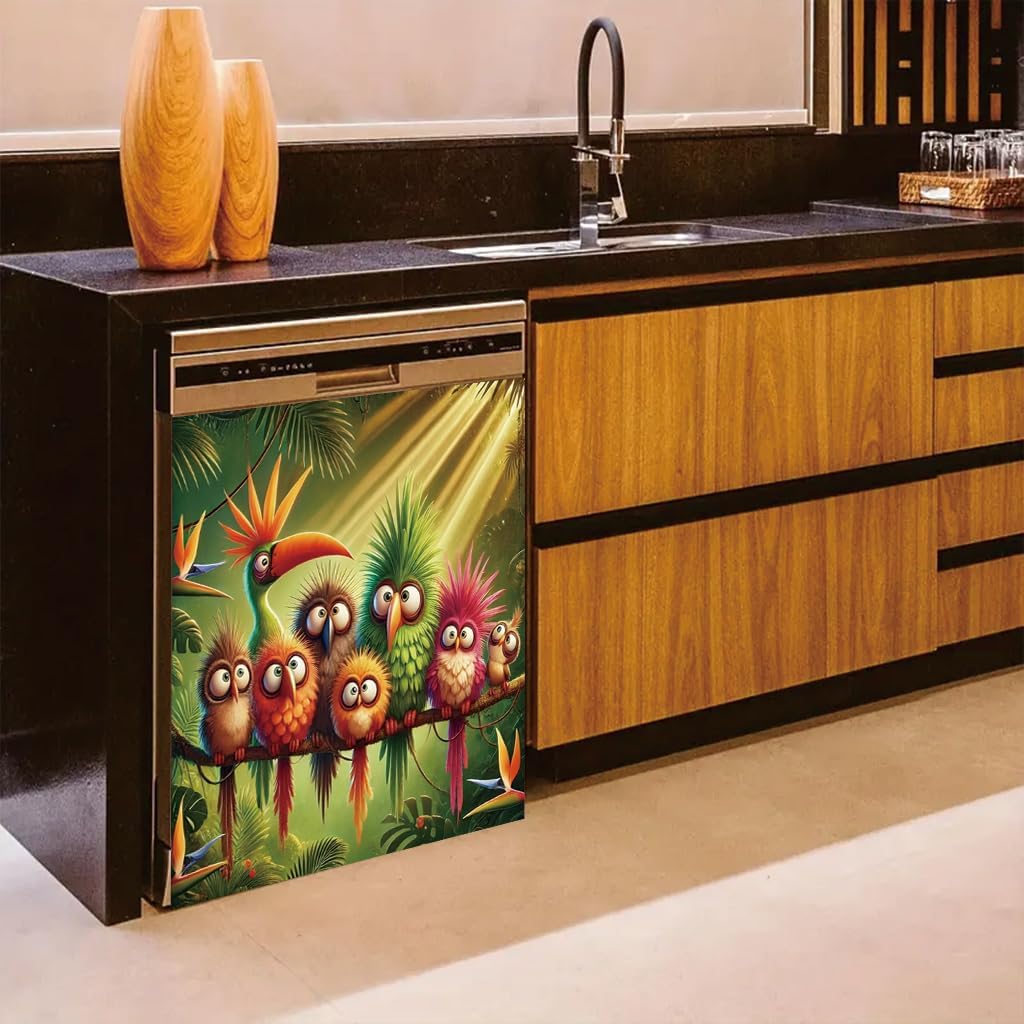 2D Flat Funny Tropical Birds Dishwasher Magnetic Cover Colorful Cartoon Parrot Jungle Appliance Panel Magnet for Dishwasher Refrigerator Washer Fun Kitchen Decor 23x26 Inch image 3