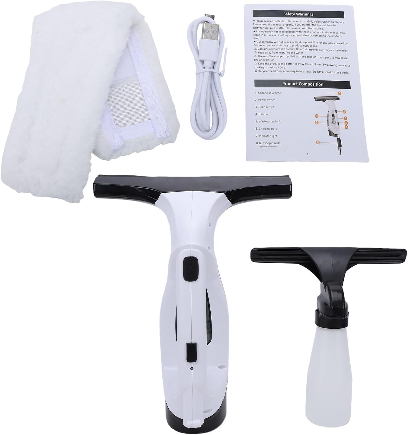 Window Vacuum Squeegee Cordless, 2000Pa Suction Cordless Handheld Cleaner with 280mm Wiper 150ml Tank 2200mAh Battery, Electric Cleaning Tool for Glass Shower Car Window