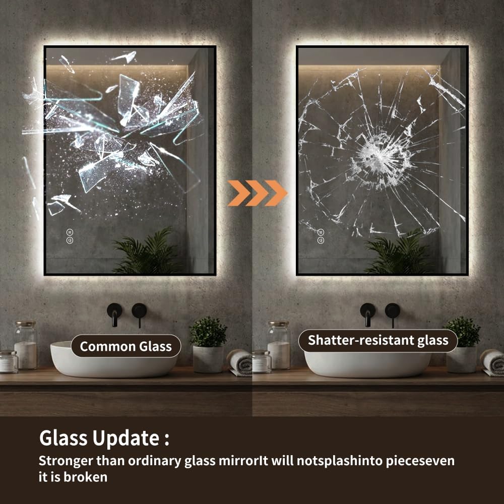 Espejo de baño LED 70 x 90 cm con marco de aluminio, retroiluminado, antivaho, 3 temperaturas de color, intensidad regulable en continuo, función de memoria, cristal plateado sin cobre, 5 mm