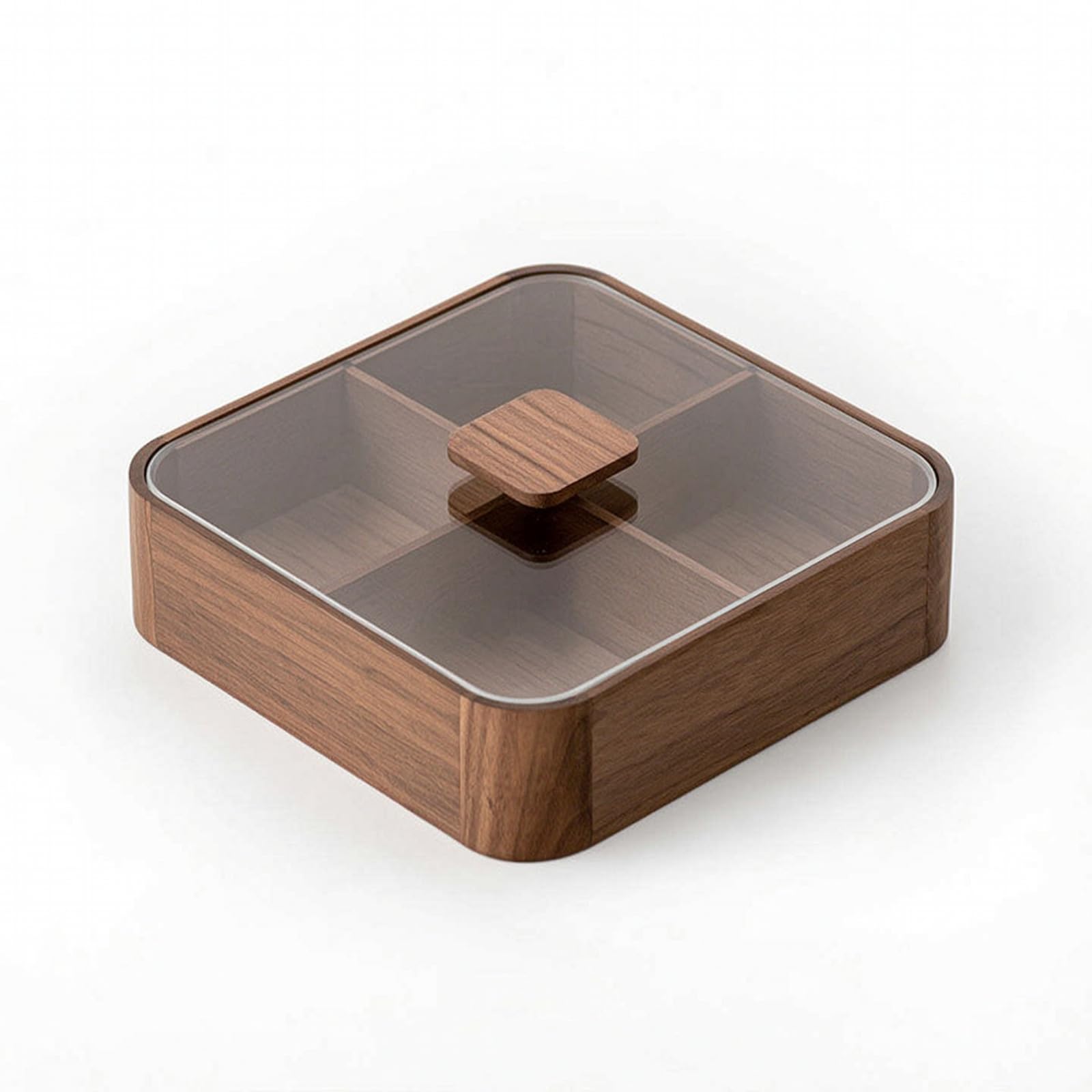 Contenedor de Snacks Caja Organizadora Bote Dispensador Recipiente de con Tapa de Vidrio Templado para Servir Invitados Adecuado para Sala de Estar, Cuatro Compartimentos