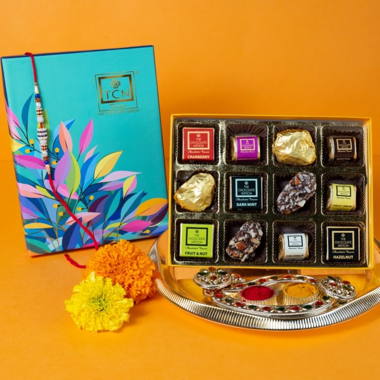 The Chocolate Nation Rakhi Gift Hamper with Premium Chocolates for Brother & Sister with 1 Rakhi & 12 Premium Chocolates (Rocks,Chocolate Almond Dates, Cookies & Cream, Lemon Chilly, Coconut , Cranberry, Fruit & Nut, Dark Mint , Hazelnut )
