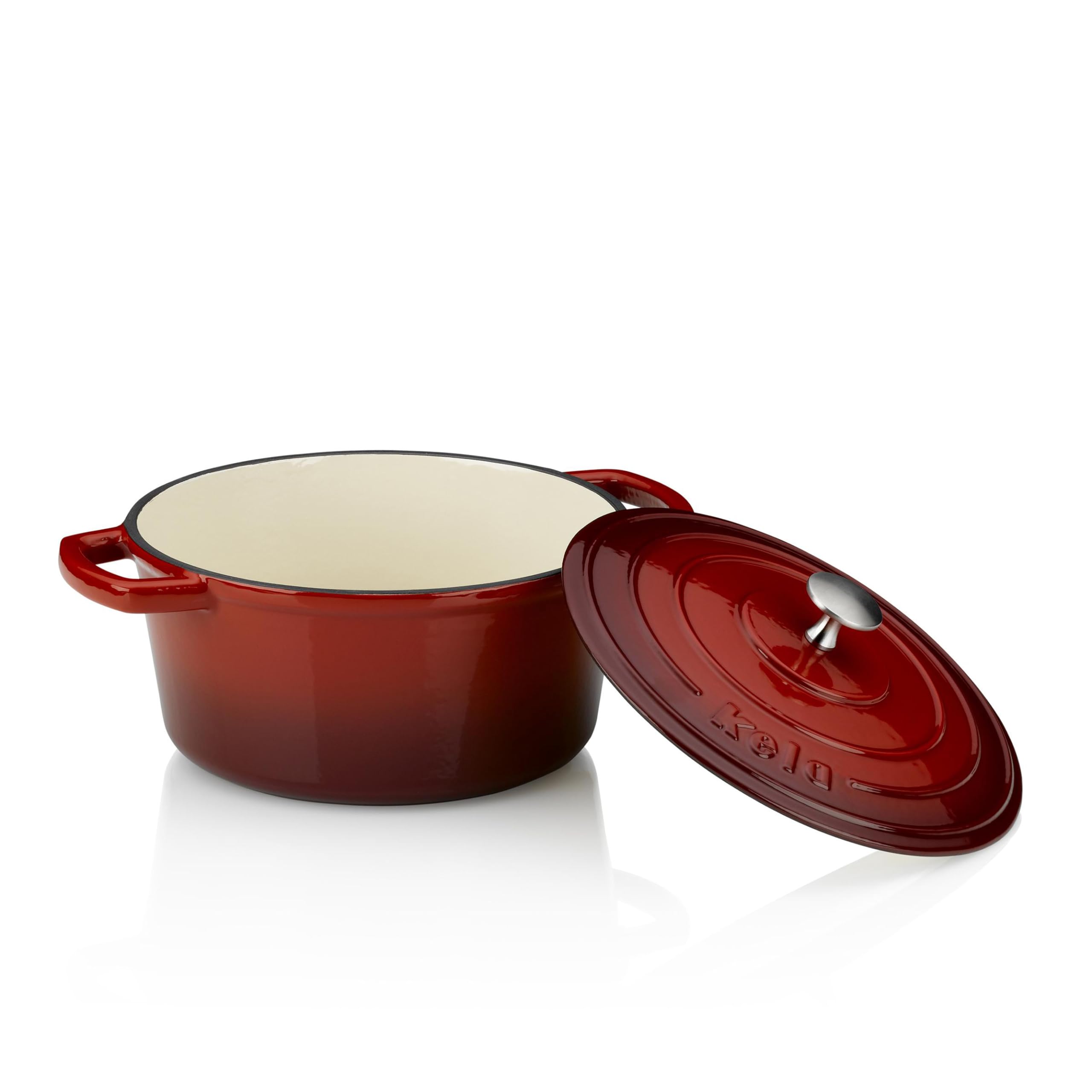 Kela Bräter Gusseisen rund 3,8 Liter, Dutch Oven CALIDO, Induktion Gussbräter mit Deckel, Gusseisen Topf Brot backen, emailliert, rot