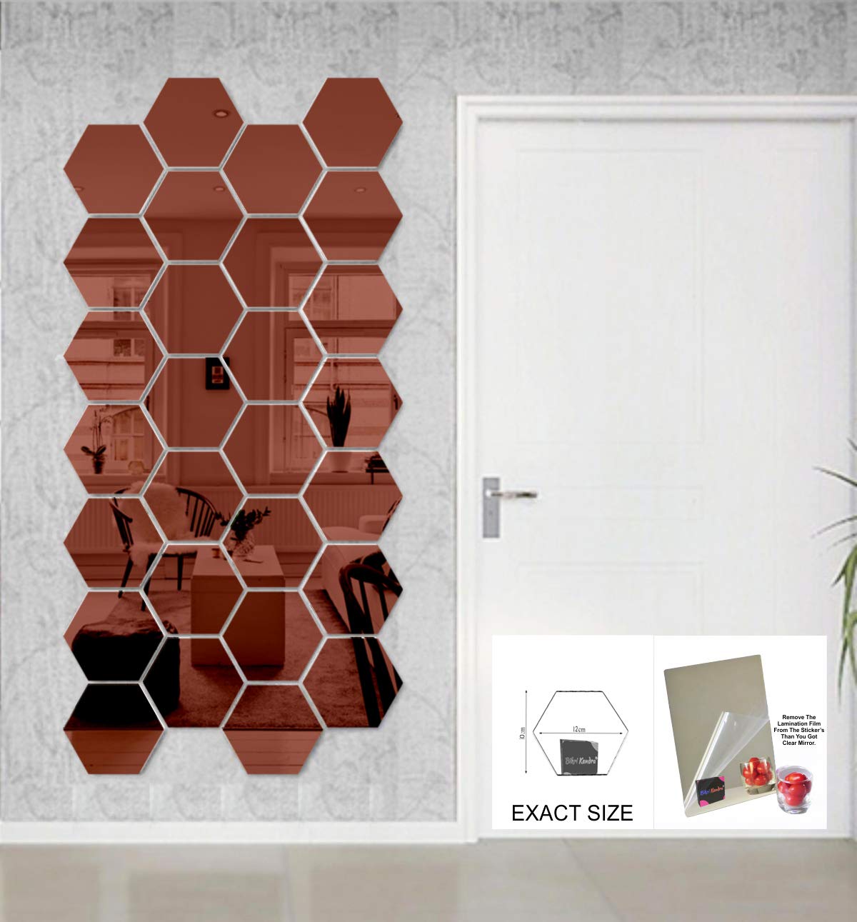 Bikri Kendra - Hexagon 28 Brown with 20 Butterfly Stickers for Wall, Hexagon Mirror Stickers, Acrylic, Hexagonal Mirror Sticker,-image-22