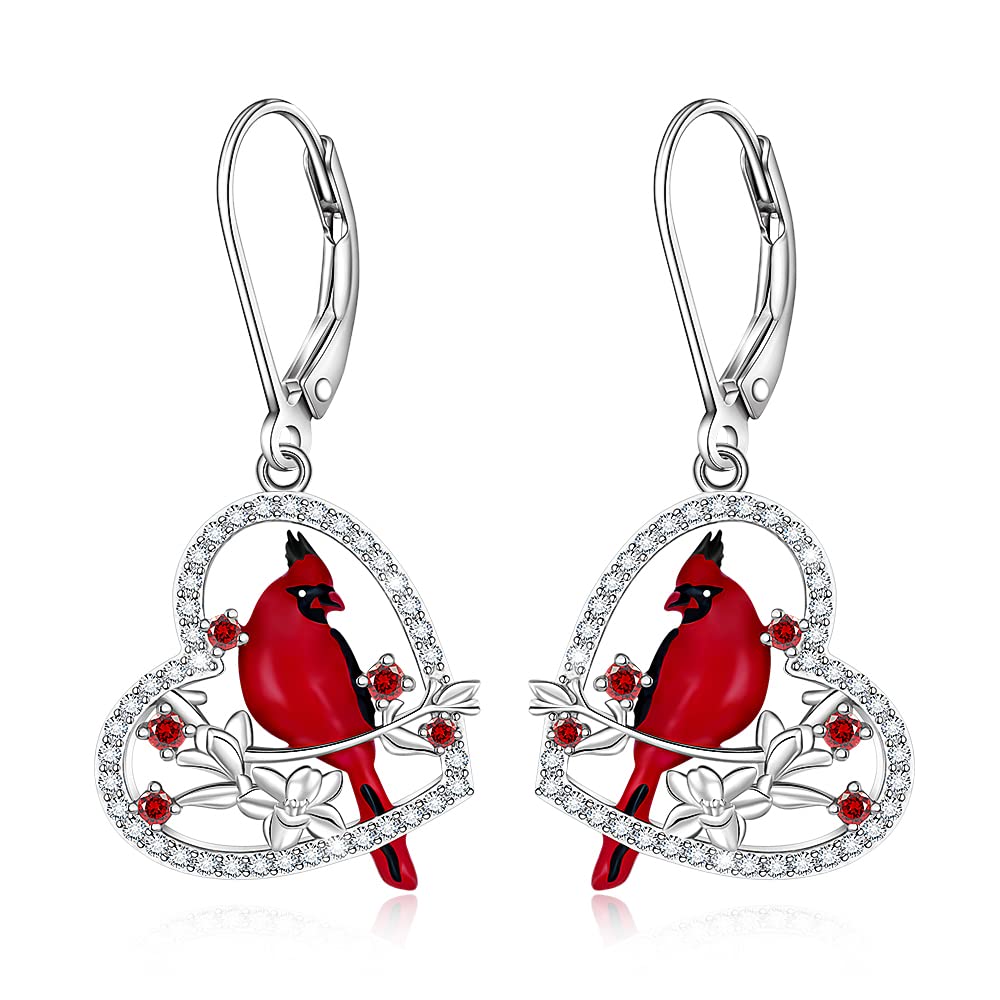 FenthringRed Cardinal Earrings for Women Dangle Sterling Silver 925 Cardinal Bird Earrings Cute Heart Cardinals Jewelry Remembrance Gifts