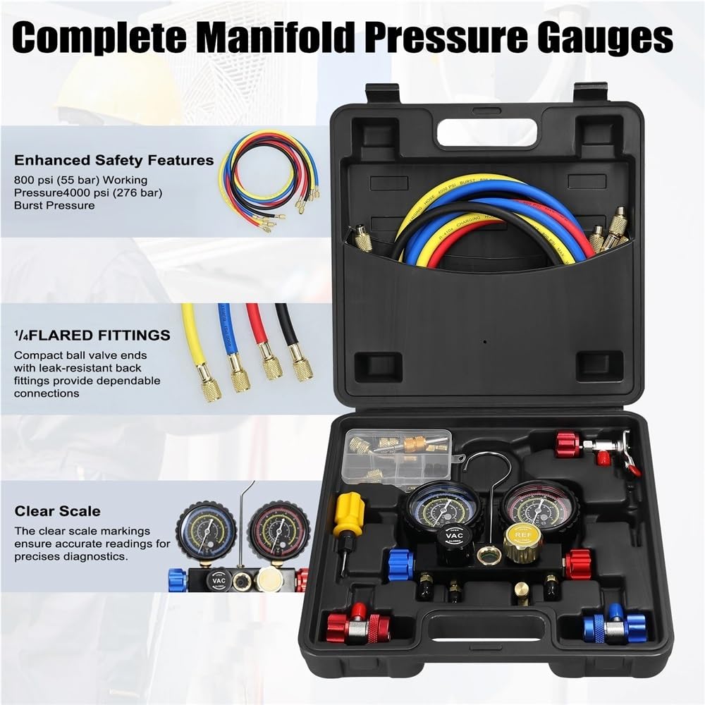 Set manometro for aria condizionata Strumento di ricarica del refrigerante a 4 vie Manometro a doppio valore adatto for refrigerante R22/R134a/R410a