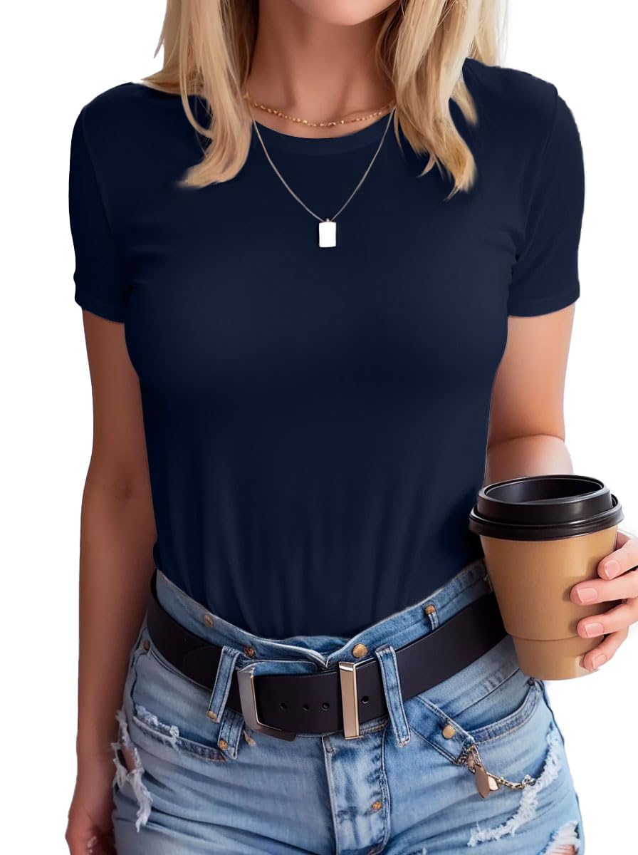SANDERY Womens Round Neck Long/Short Sleeve Shirts Ribbed Casual Slim Fitted Tops Blouses