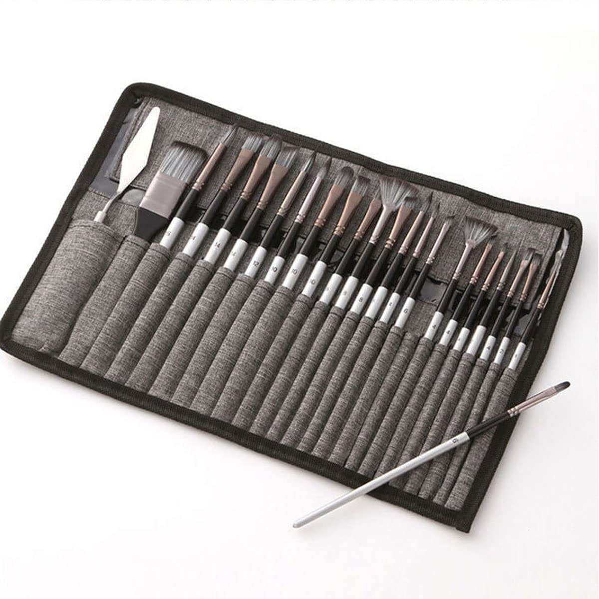 Set de 24 Pinceles de Acuarela con Mango de Madera y cerdas de Nailon, Incluye espátula, raspador y Cepillo para Pintura acrílica y al óleo.，Grey