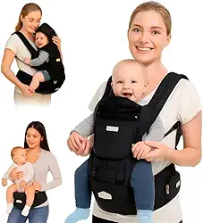 AIEBAO Mochila Bolsa Canguru Exclusive Para Bebê, Assento Ergonômico, Protetor de Sol e Chuva, 03 Modos de Uso, Apoio Lombar, Bolso Frontal e Lateral com Zíper, Até 48 Meses, Suporta 36kg, Acolchoado, Fivelas Ajustáveis, Preto.