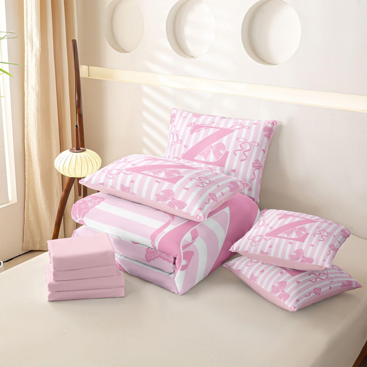 Loussiesd Juego de ropa de cama de 7 piezas con diseño de lazo rosa y blanco, para niños y niñas, con funda de edredón, sábanas, fundas de almohada, fundas de cojín, tamaño Super King