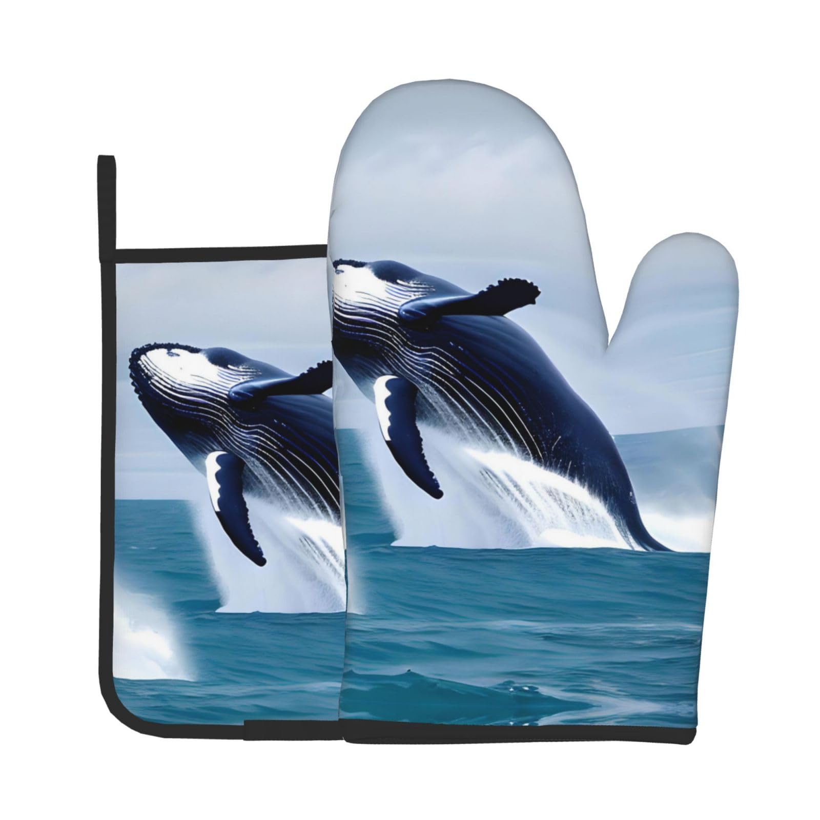 Oven Mitts and Potholders Set of 2 for Kitchen Baking Cooking GrayWhales at sea Thick and Durable