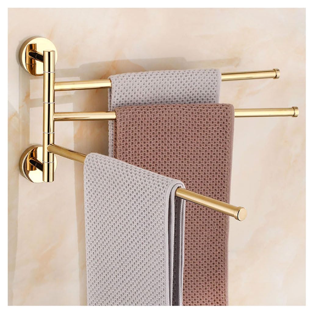 LMYSXAOZ Gold Swivel Towel Rack Bar Rails for Bathroom, Wall Mounted Folding Arm Swing Out Hand Polished Brass Hanger Holder Space Saving Laundry, Kitchen 3Bars