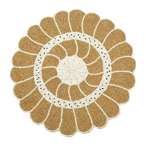 Beaded Placemat Set Of 2 - Sunflower Design Round Hand Beaded Charger Placemat - Gold White - 13 Inch Round - Hand Made By Skilled Artisans - A Beautiful Complement To Your Dinner Table Décor #TOP9