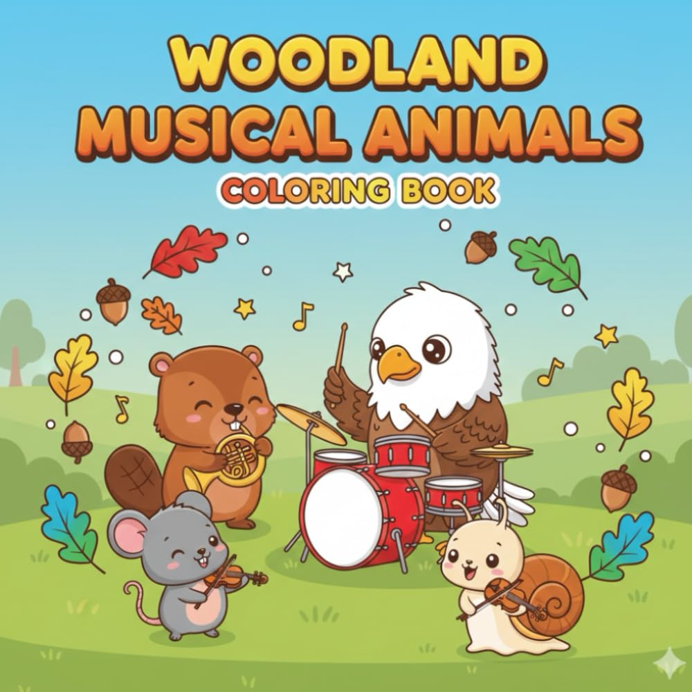 WOODLAND MUSICAL ANIMALS Coloring Book: A Fun and Adorable Coloring Book with Cute Woodland Animals Playing Musical Instruments, Perfect for Kids Ages 4–8